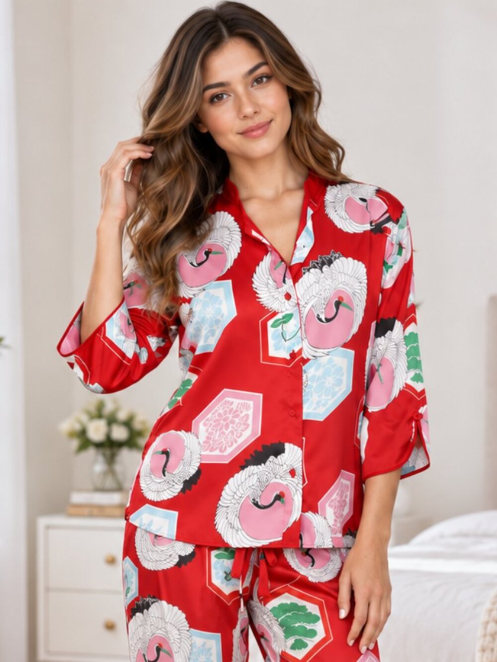 JOSIE NATORI x TARGET CRANE PRINT SATIN PAJAMA TOP + MATCHING MASK | NEW